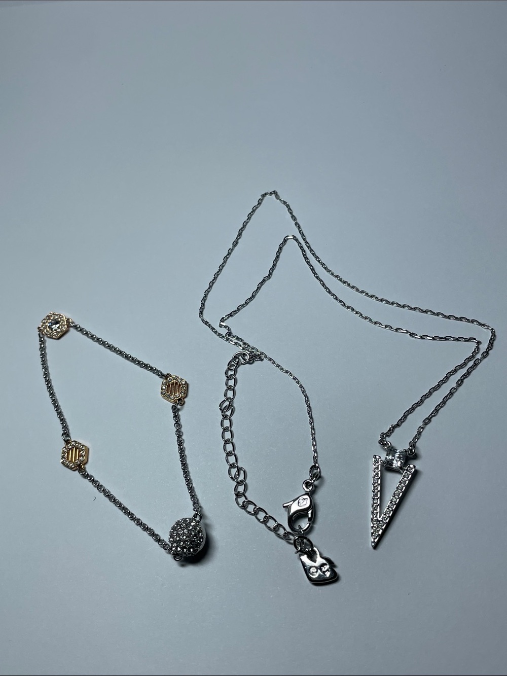 Swarovski Set Silver Pendant Necklace with Crystal V Details and 2 ToneBracelet